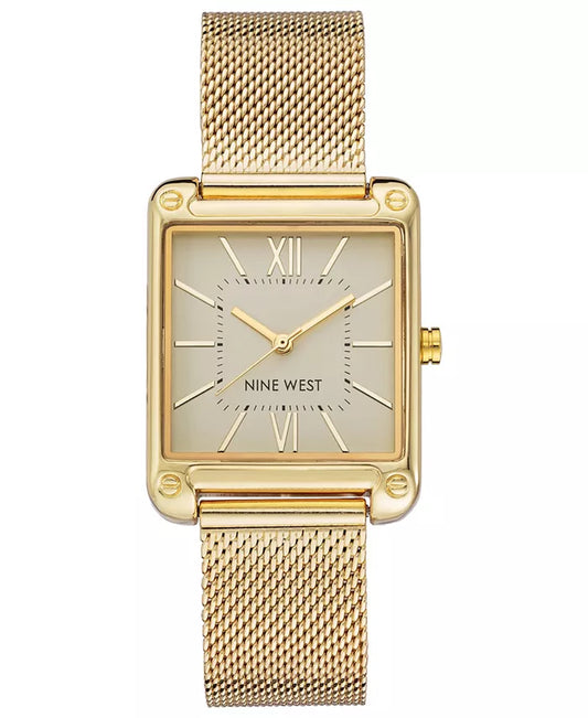 Women'S Quartz Rectangular Gold-Tone Stainless Steel Mesh Band Watch, 29Mm